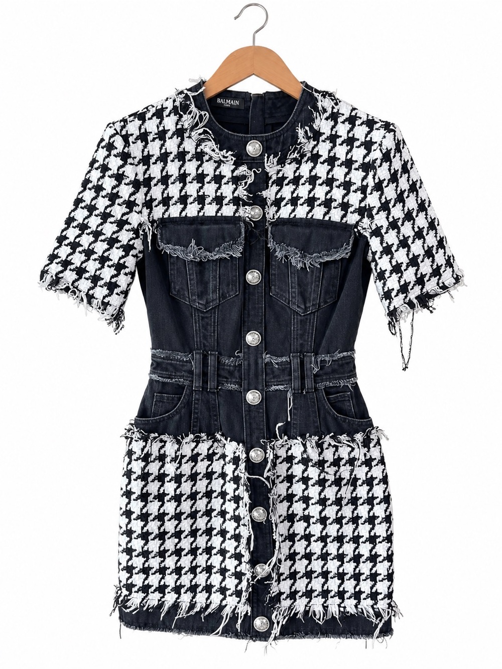 Balmain Black and White Houndstooth Denim-Trim Short Blazer Dress